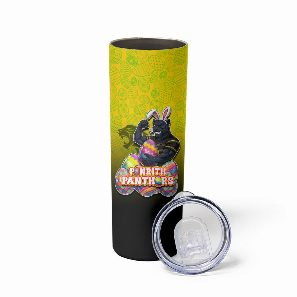 Personalized Penrith Panthers Skinny Tumbler Easter Mascot - Colorful Eggs Cartoon Style