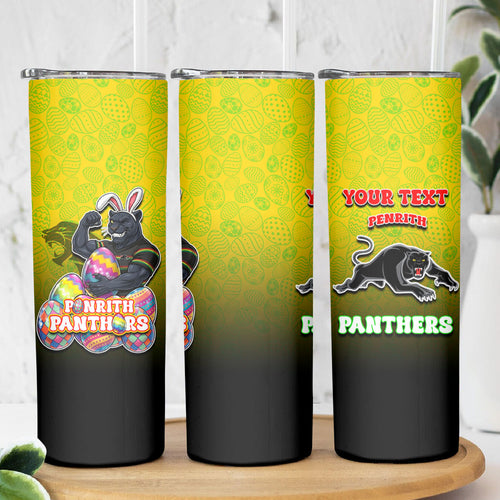 Personalized Penrith Panthers Skinny Tumbler Easter Mascot - Colorful Eggs Cartoon Style