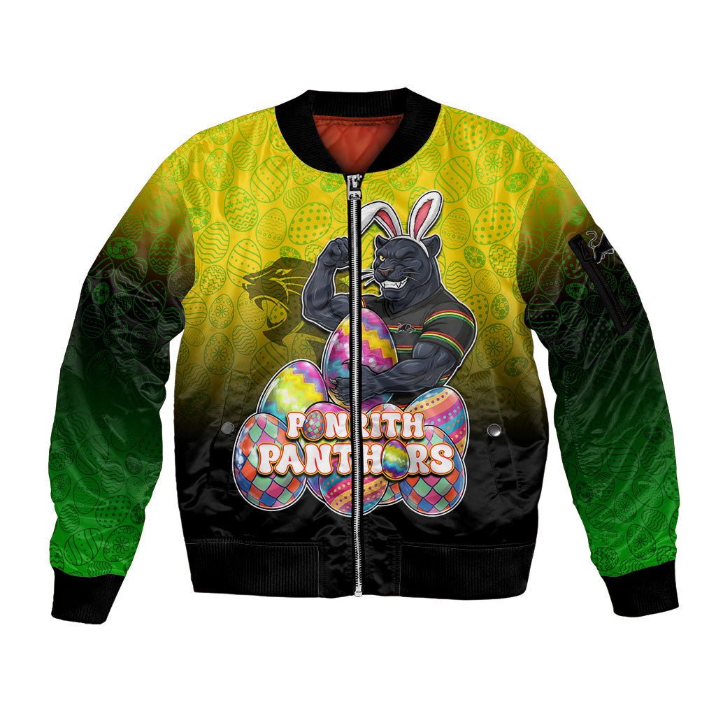 Personalized Penrith Panthers Sleeve Zip Bomber Jacket Easter Mascot - Colorful Eggs Cartoon Style