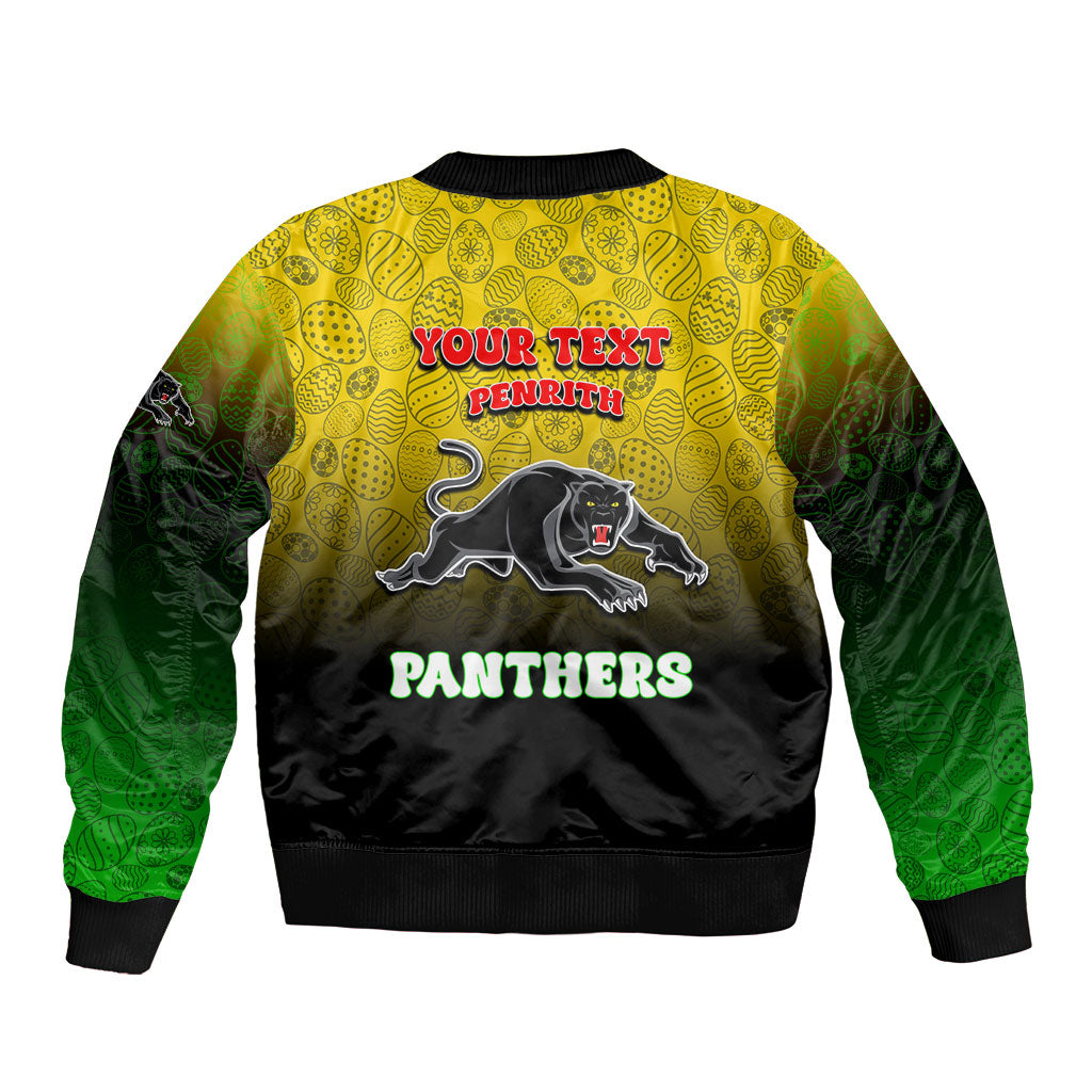 Personalized Penrith Panthers Sleeve Zip Bomber Jacket Easter Mascot - Colorful Eggs Cartoon Style