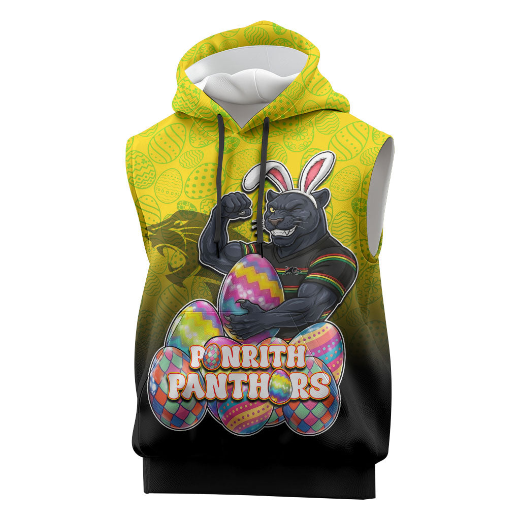 Personalized Penrith Panthers Sleeveless Hoodie Easter Mascot - Colorful Eggs Cartoon Style