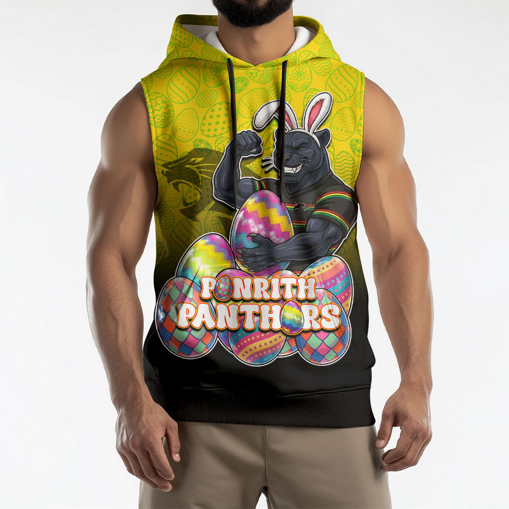 Personalized Penrith Panthers Sleeveless Hoodie Easter Mascot - Colorful Eggs Cartoon Style