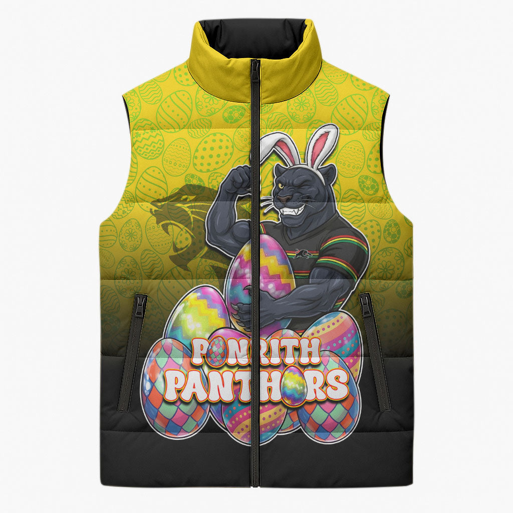 Personalized Penrith Panthers Sleeveless Puffer Jacket Easter Mascot - Colorful Eggs Cartoon Style