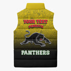 Personalized Penrith Panthers Sleeveless Puffer Jacket Easter Mascot - Colorful Eggs Cartoon Style