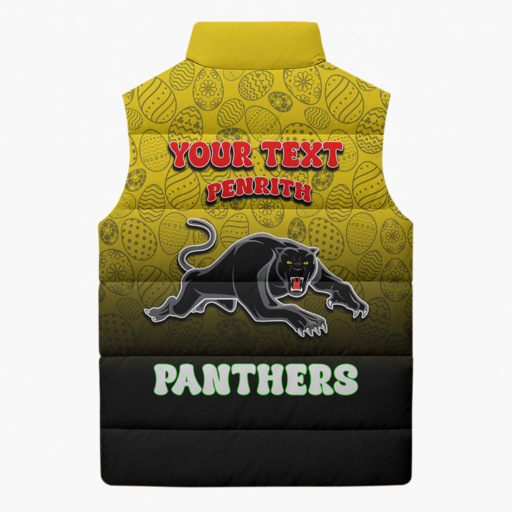 Personalized Penrith Panthers Sleeveless Puffer Jacket Easter Mascot - Colorful Eggs Cartoon Style