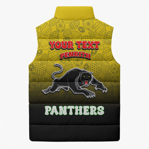 Personalized Penrith Panthers Sleeveless Puffer Jacket Easter Mascot - Colorful Eggs Cartoon Style