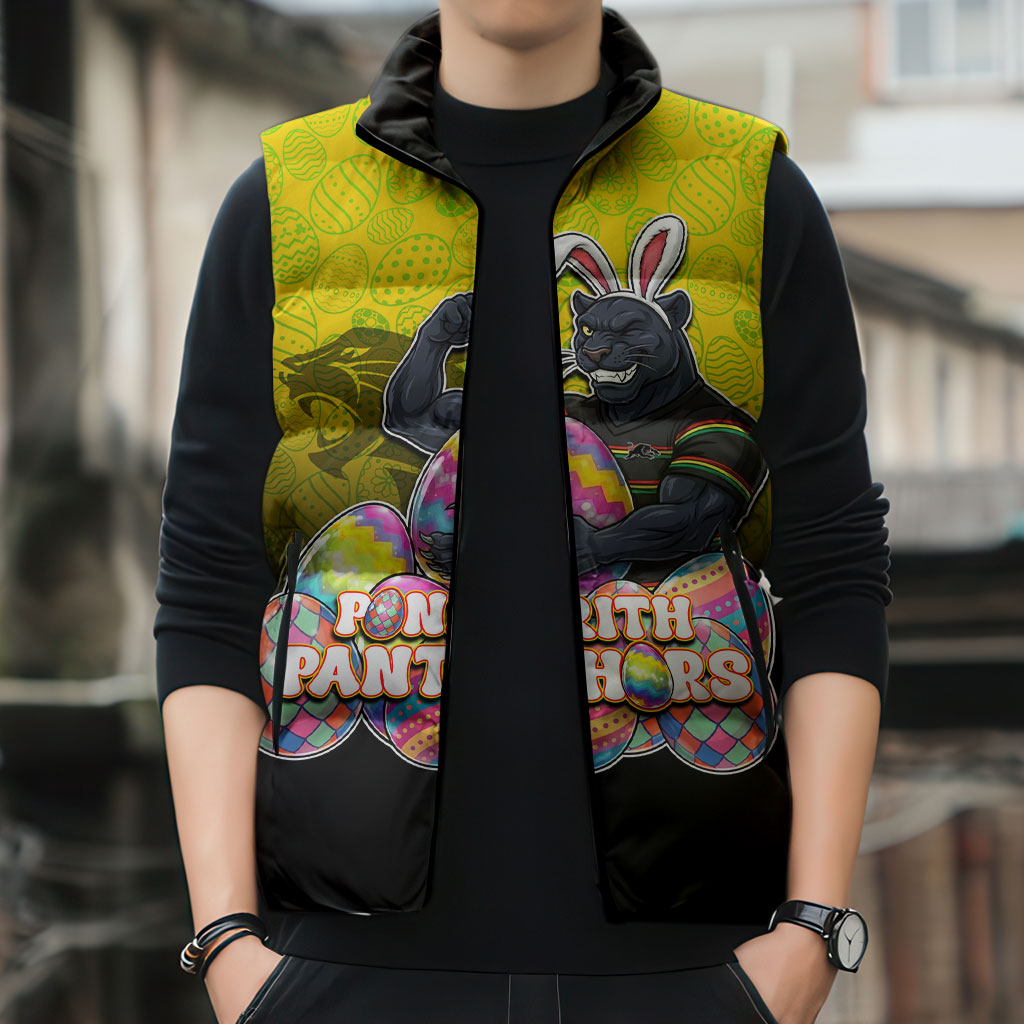 Personalized Penrith Panthers Sleeveless Puffer Jacket Easter Mascot - Colorful Eggs Cartoon Style
