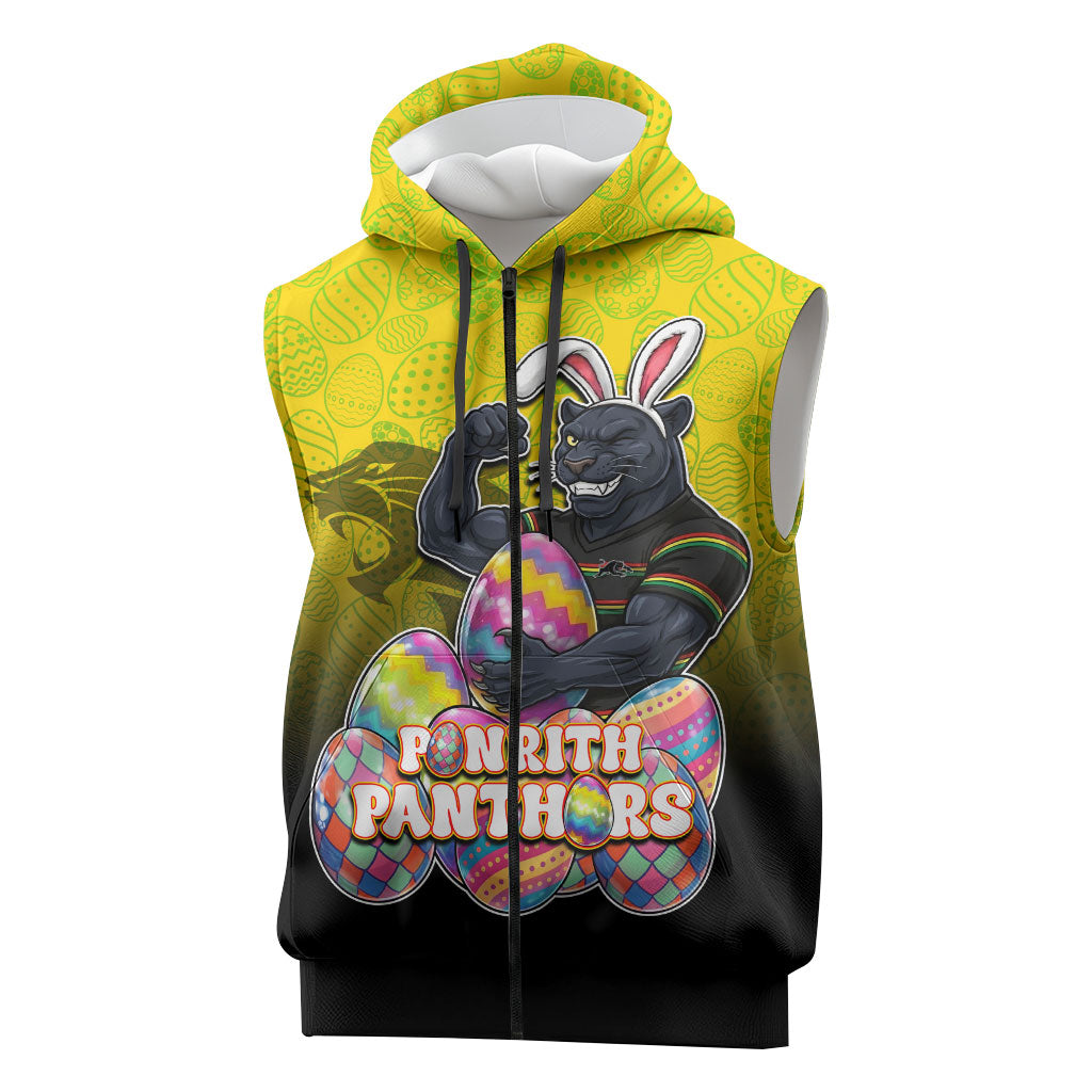 Personalized Penrith Panthers Sleeveless Zip Hoodie Easter Mascot - Colorful Eggs Cartoon Style