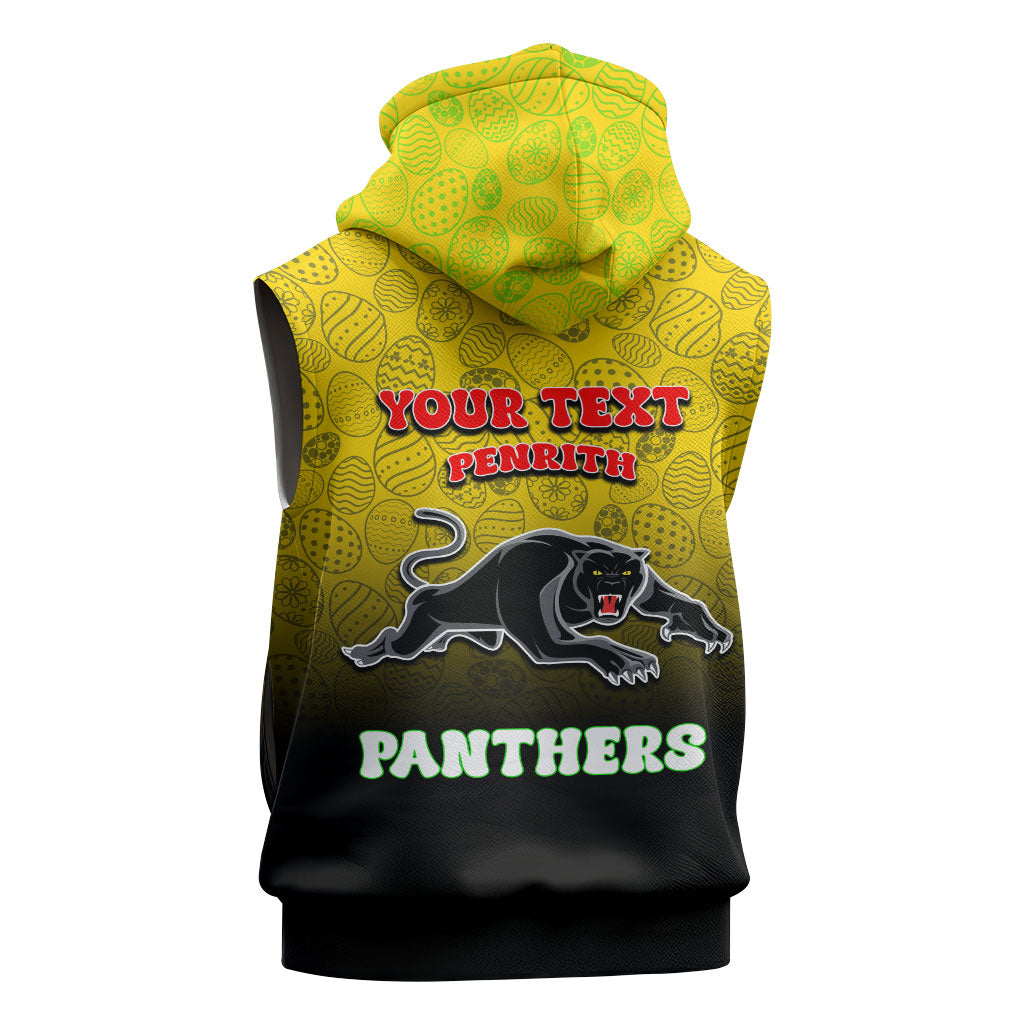 Personalized Penrith Panthers Sleeveless Zip Hoodie Easter Mascot - Colorful Eggs Cartoon Style