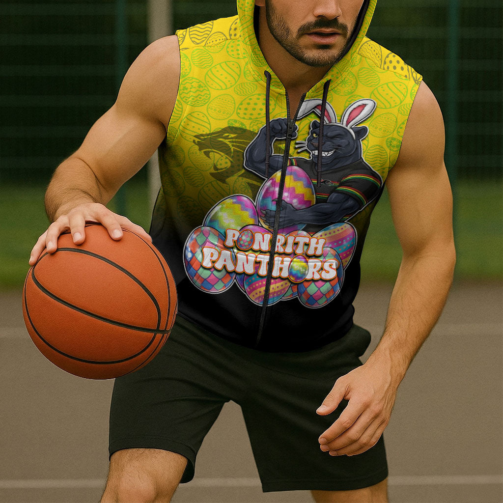 Personalized Penrith Panthers Sleeveless Zip Hoodie Easter Mascot - Colorful Eggs Cartoon Style
