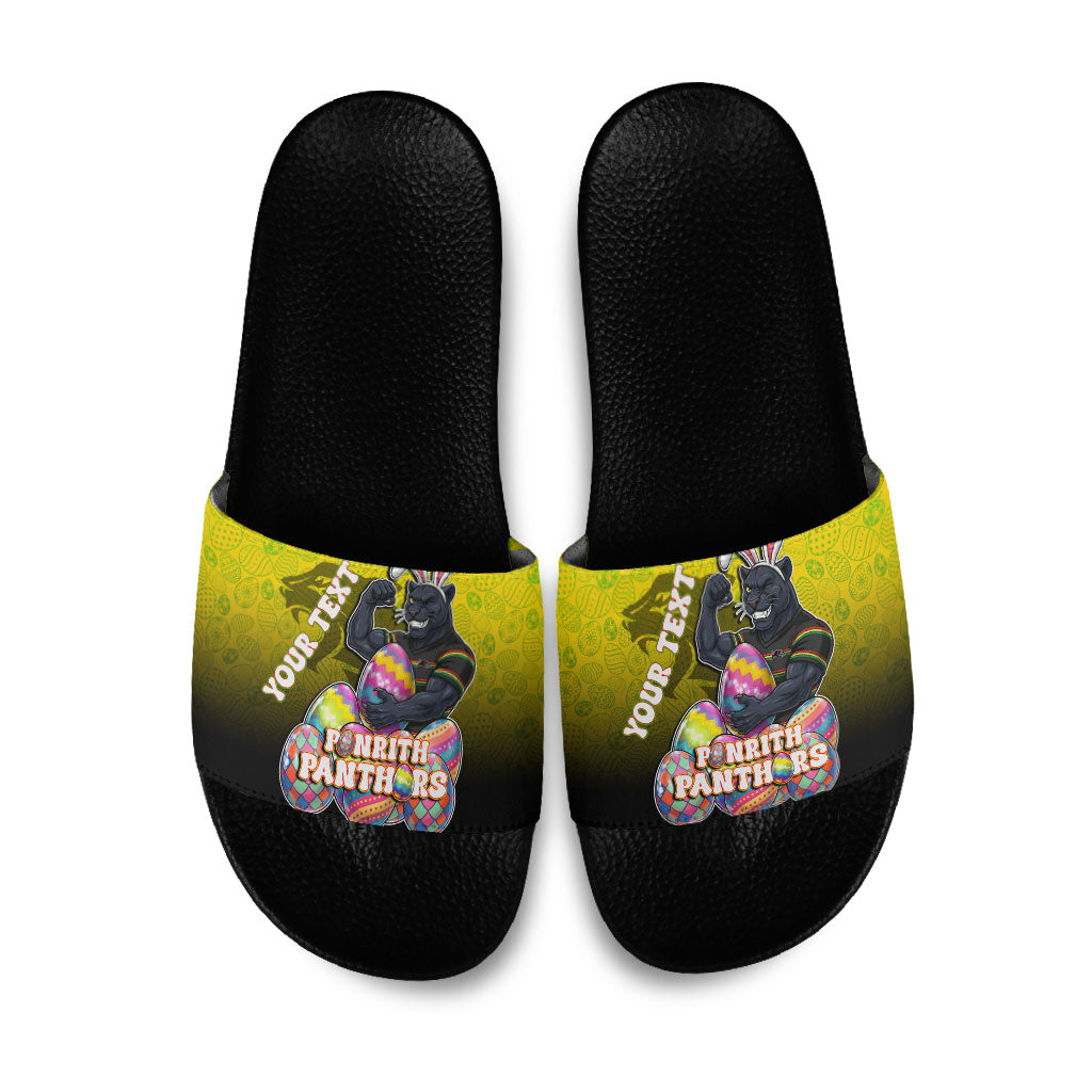 Personalized Penrith Panthers Slide Sandals Easter Mascot - Colorful Eggs Cartoon Style
