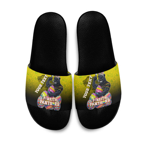 Personalized Penrith Panthers Slide Sandals Easter Mascot - Colorful Eggs Cartoon Style