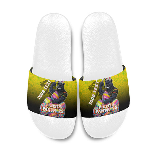 Personalized Penrith Panthers Slide Sandals Easter Mascot - Colorful Eggs Cartoon Style