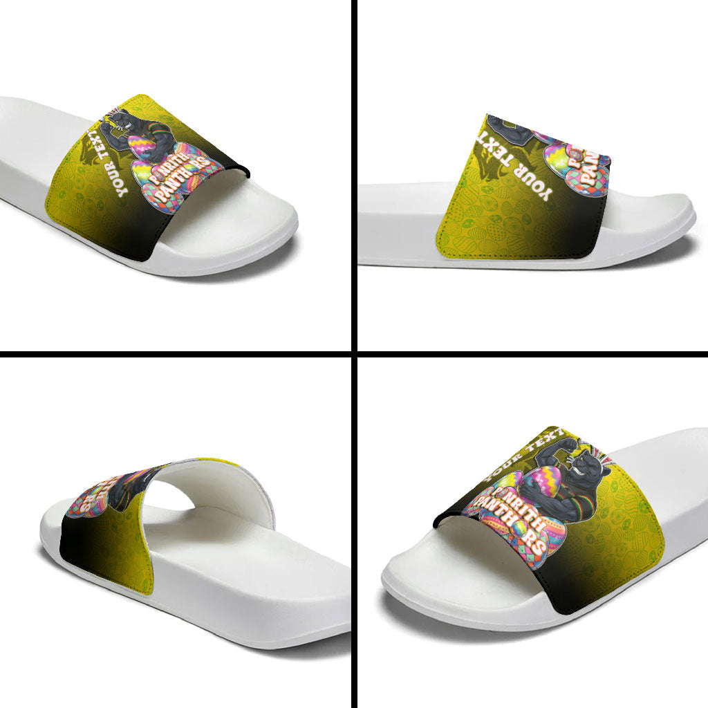 Personalized Penrith Panthers Slide Sandals Easter Mascot - Colorful Eggs Cartoon Style