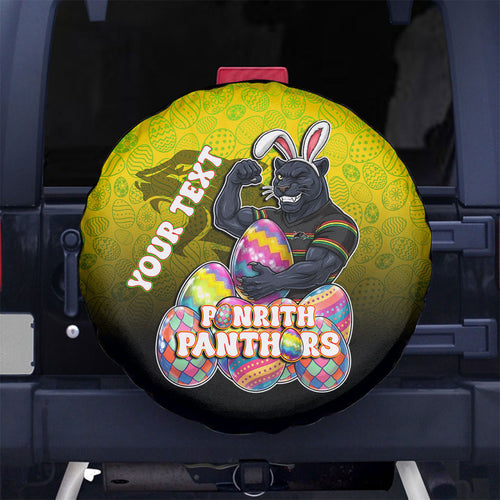 Personalized Penrith Panthers Spare Tire Cover Easter Mascot - Colorful Eggs Cartoon Style