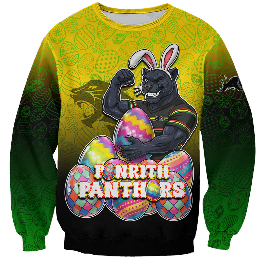 Personalized Penrith Panthers Sweatshirt Easter Mascot - Colorful Eggs Cartoon Style
