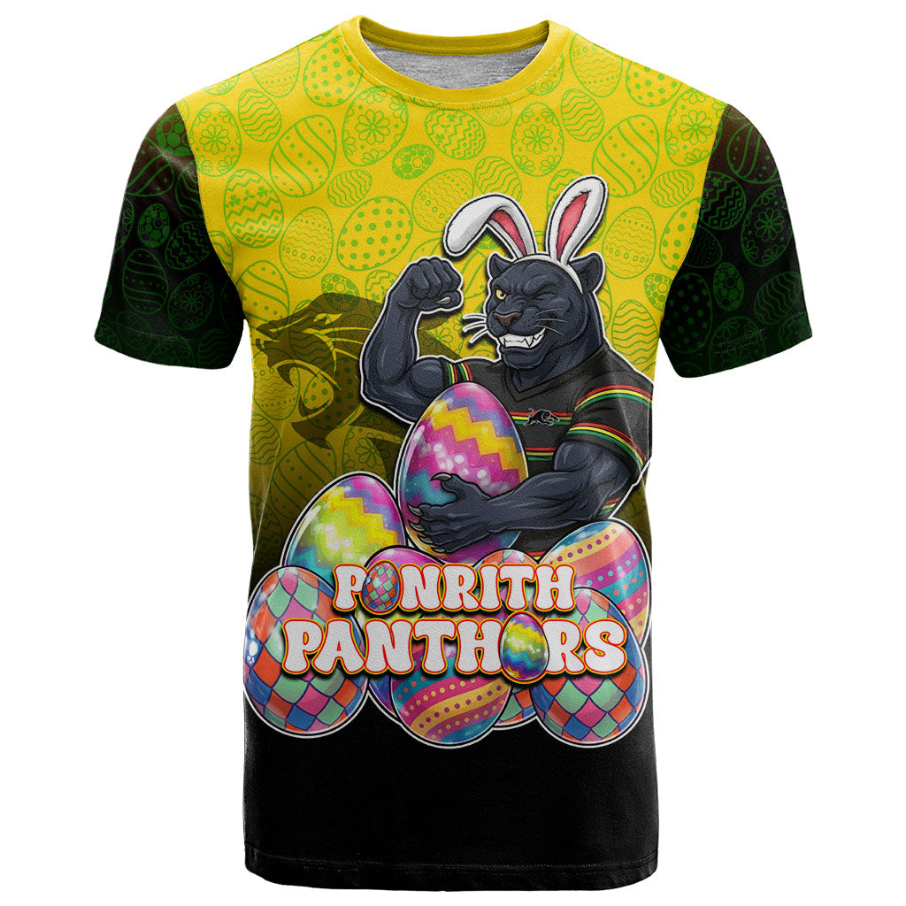 Personalized Penrith Panthers T Shirt Easter Mascot - Colorful Eggs Cartoon Style