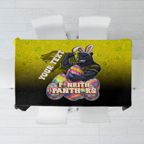Personalized Penrith Panthers Tablecloth Easter Mascot - Colorful Eggs Cartoon Style