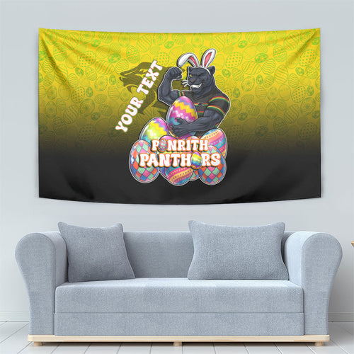 Personalized Penrith Panthers Tapestry Easter Mascot - Colorful Eggs Cartoon Style