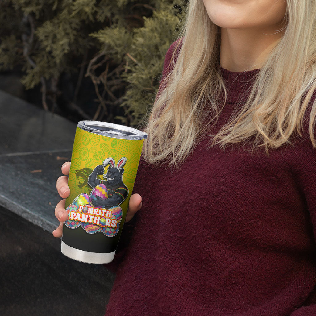 Personalized Penrith Panthers Tumbler Cup Easter Mascot - Colorful Eggs Cartoon Style