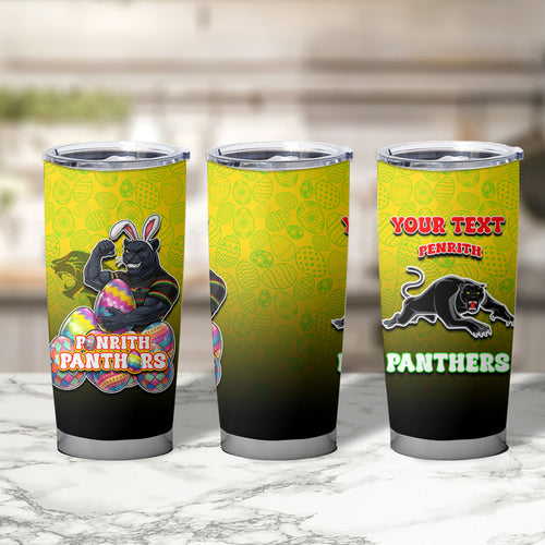 Personalized Penrith Panthers Tumbler Cup Easter Mascot - Colorful Eggs Cartoon Style