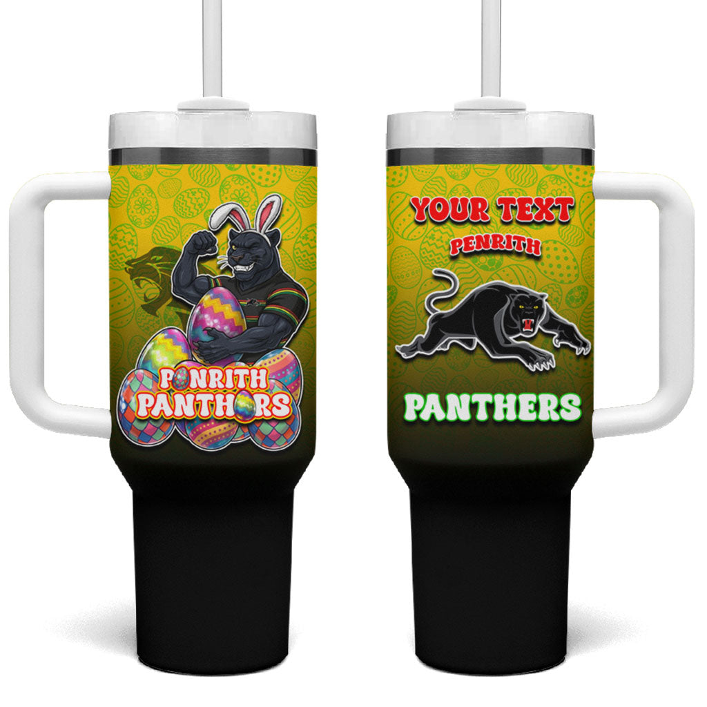Personalized Penrith Panthers Tumbler With Handle Easter Mascot - Colorful Eggs Cartoon Style