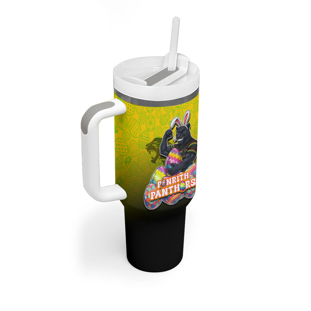 Personalized Penrith Panthers Tumbler With Handle Easter Mascot - Colorful Eggs Cartoon Style