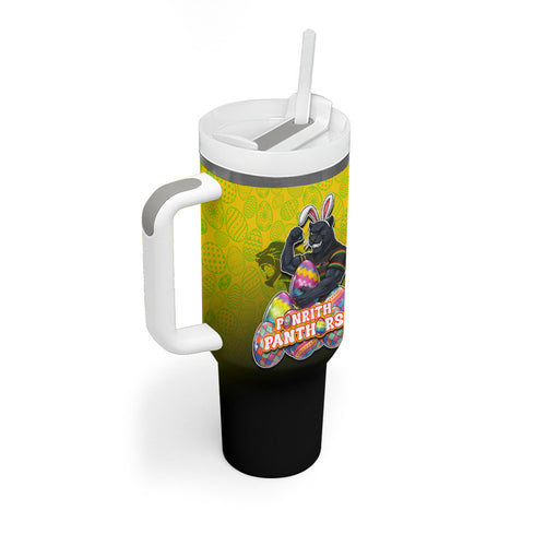 Personalized Penrith Panthers Tumbler With Handle Easter Mascot - Colorful Eggs Cartoon Style