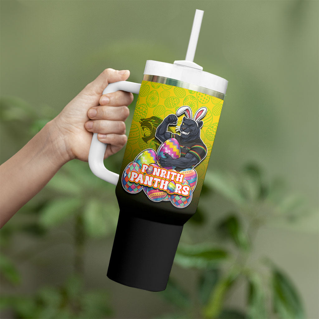 Personalized Penrith Panthers Tumbler With Handle Easter Mascot - Colorful Eggs Cartoon Style