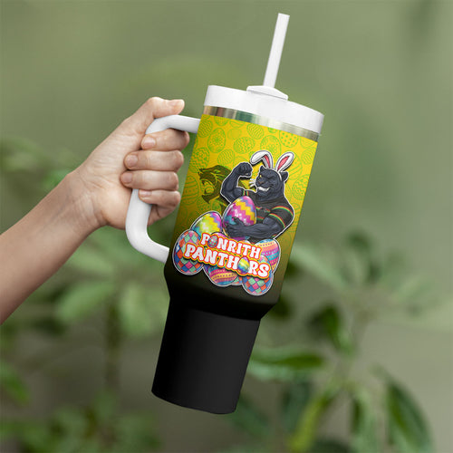 Personalized Penrith Panthers Tumbler With Handle Easter Mascot - Colorful Eggs Cartoon Style