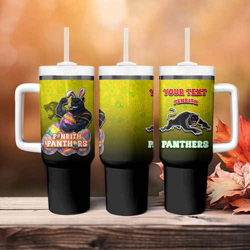 Personalized Penrith Panthers Tumbler With Handle Easter Mascot - Colorful Eggs Cartoon Style