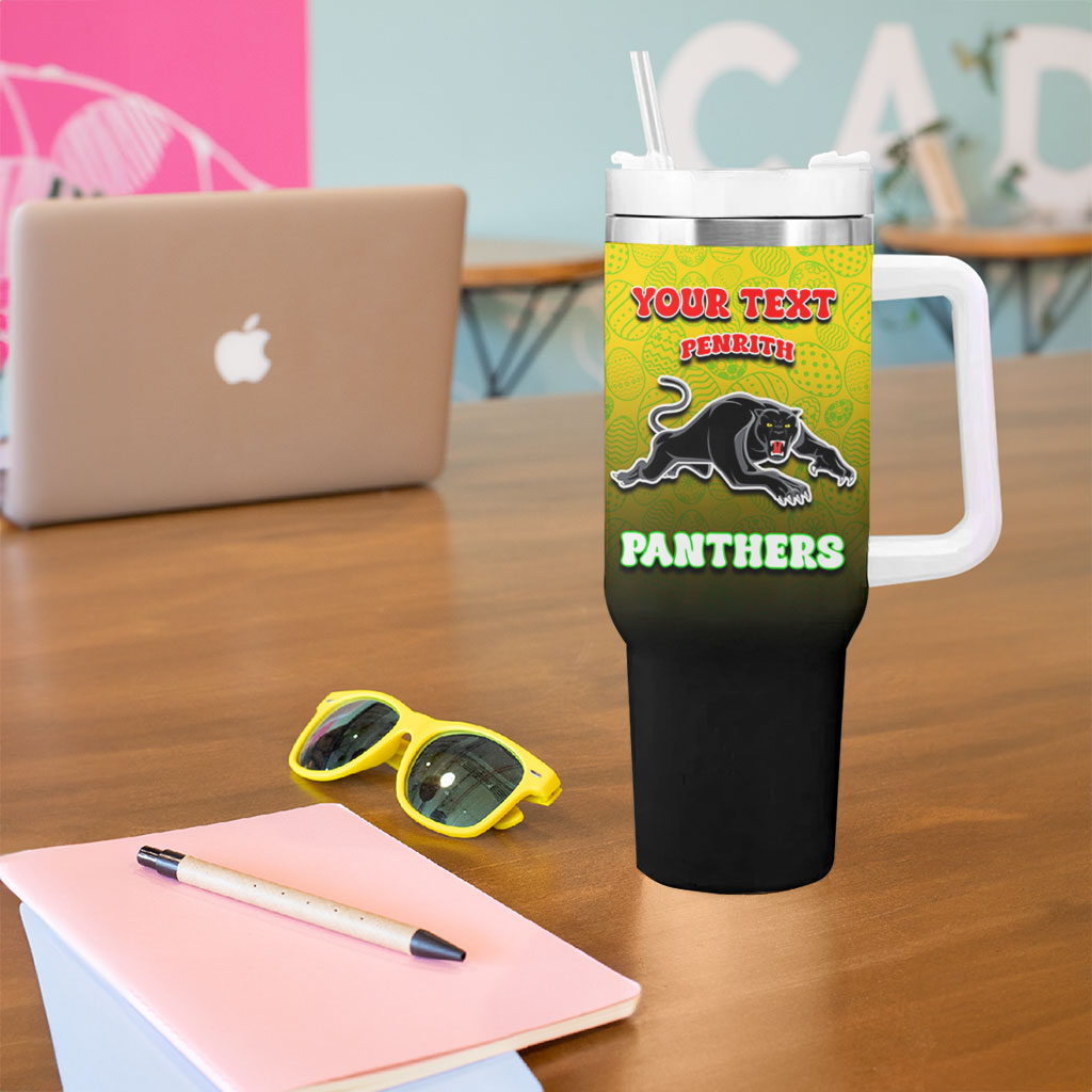Personalized Penrith Panthers Tumbler With Handle Easter Mascot - Colorful Eggs Cartoon Style