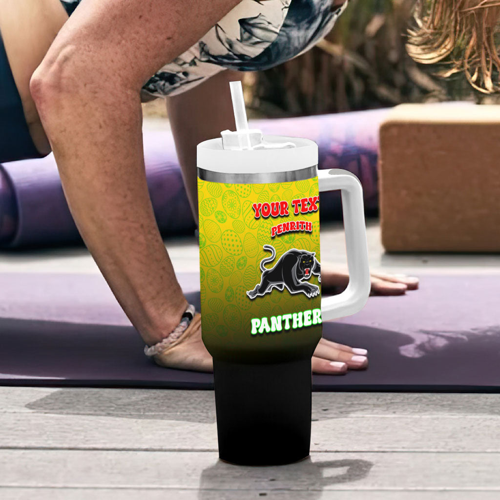 Personalized Penrith Panthers Tumbler With Handle Easter Mascot - Colorful Eggs Cartoon Style