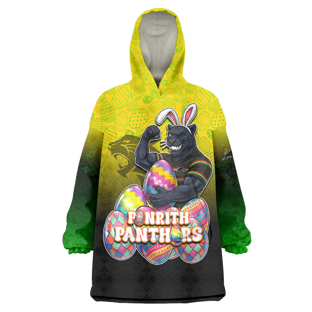 Personalized Penrith Panthers Wearable Blanket Hoodie Easter Mascot - Colorful Eggs Cartoon Style
