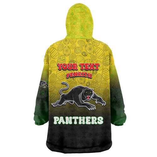 Personalized Penrith Panthers Wearable Blanket Hoodie Easter Mascot - Colorful Eggs Cartoon Style