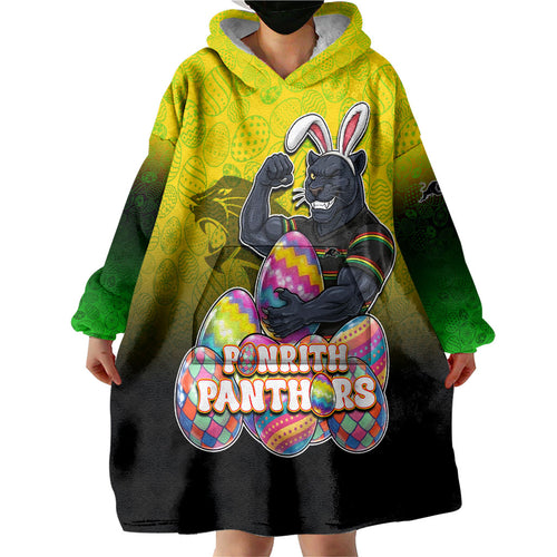 Personalized Penrith Panthers Wearable Blanket Hoodie Easter Mascot - Colorful Eggs Cartoon Style
