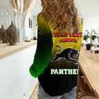 Personalized Penrith Panthers Women Casual Shirt Easter Mascot - Colorful Eggs Cartoon Style