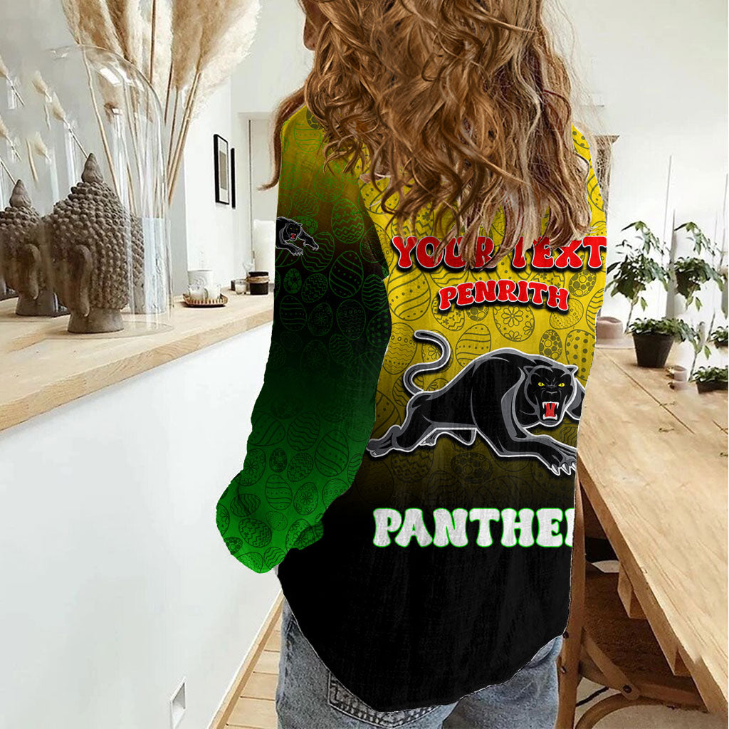 Personalized Penrith Panthers Women Casual Shirt Easter Mascot - Colorful Eggs Cartoon Style