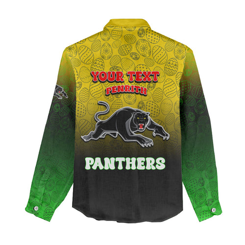 Personalized Penrith Panthers Women Casual Shirt Easter Mascot - Colorful Eggs Cartoon Style