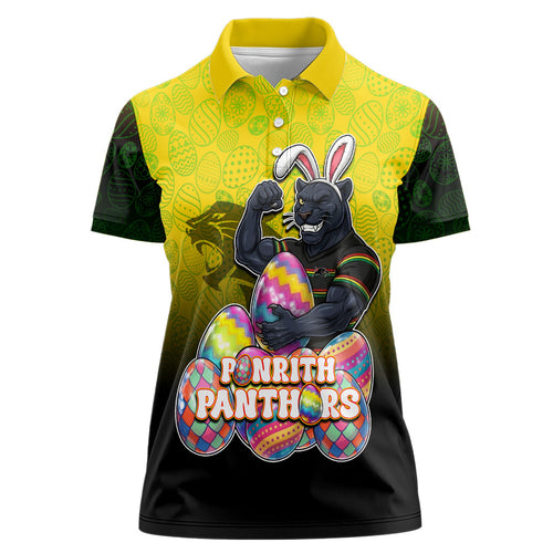 Personalized Penrith Panthers Women Polo Shirt Easter Mascot - Colorful Eggs Cartoon Style