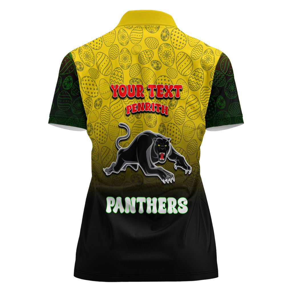 Personalized Penrith Panthers Women Polo Shirt Easter Mascot - Colorful Eggs Cartoon Style