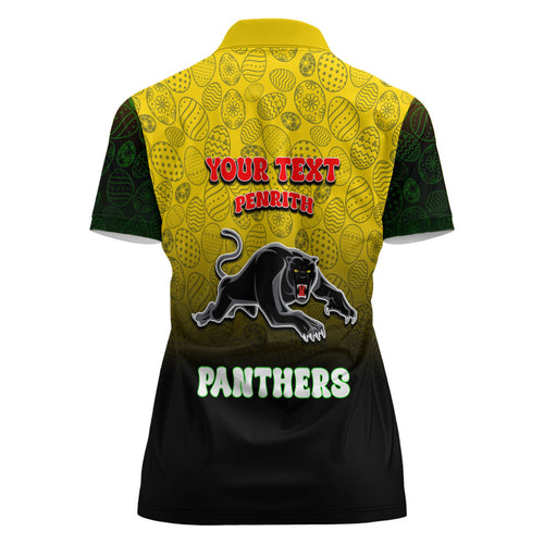 Personalized Penrith Panthers Women Polo Shirt Easter Mascot - Colorful Eggs Cartoon Style