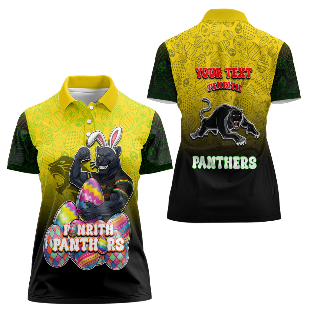Personalized Penrith Panthers Women Polo Shirt Easter Mascot - Colorful Eggs Cartoon Style