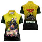 Personalized Penrith Panthers Women Polo Shirt Easter Mascot - Colorful Eggs Cartoon Style