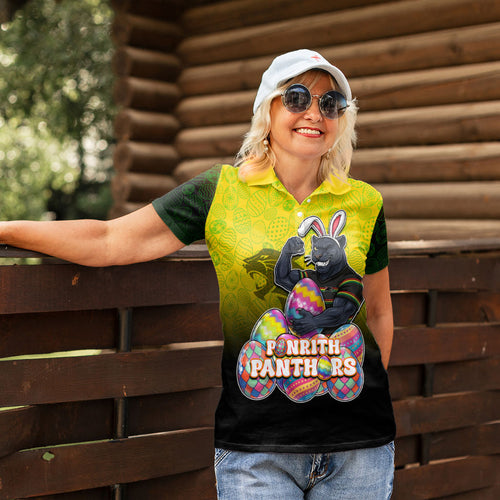 Personalized Penrith Panthers Women Polo Shirt Easter Mascot - Colorful Eggs Cartoon Style