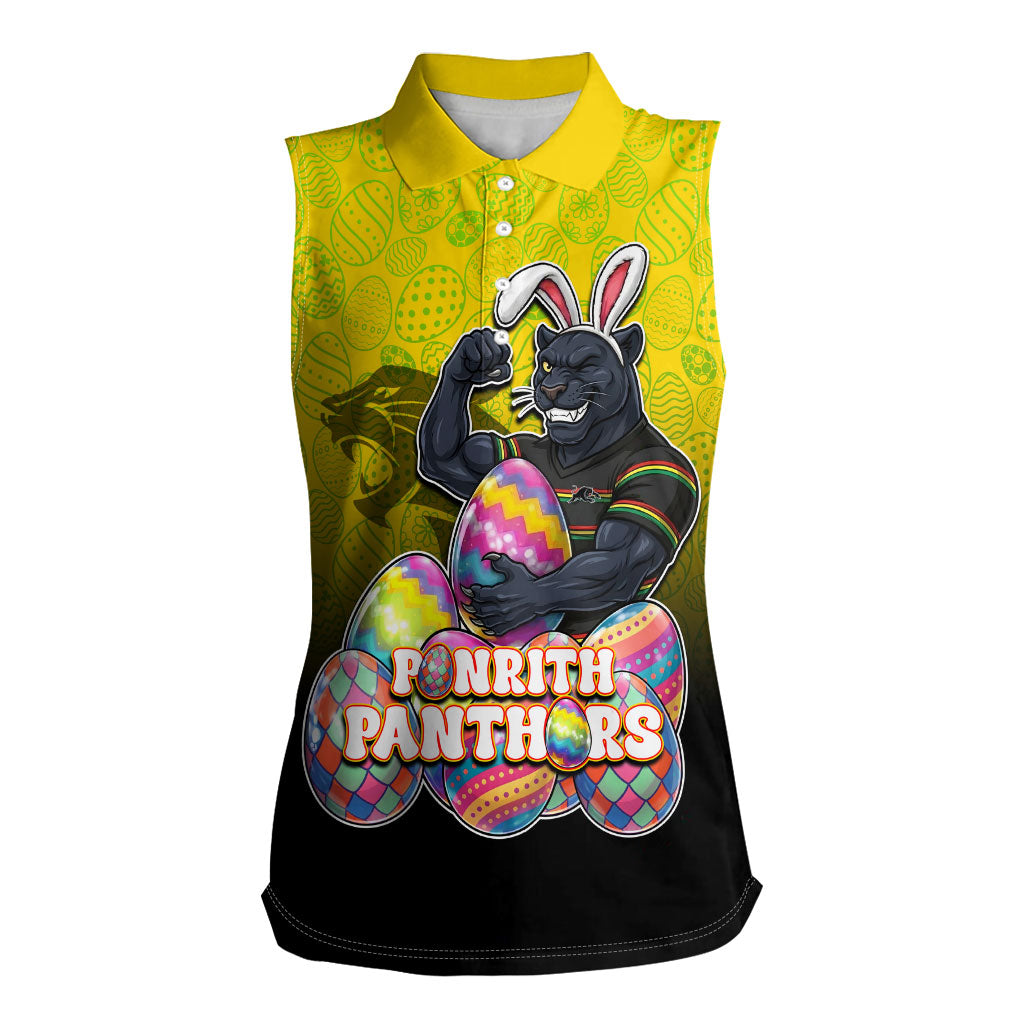 Personalized Penrith Panthers Women Sleeveless Polo Shirt Easter Mascot - Colorful Eggs Cartoon Style