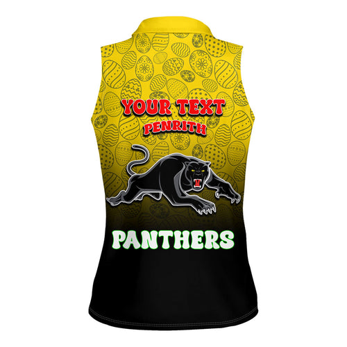 Personalized Penrith Panthers Women Sleeveless Polo Shirt Easter Mascot - Colorful Eggs Cartoon Style