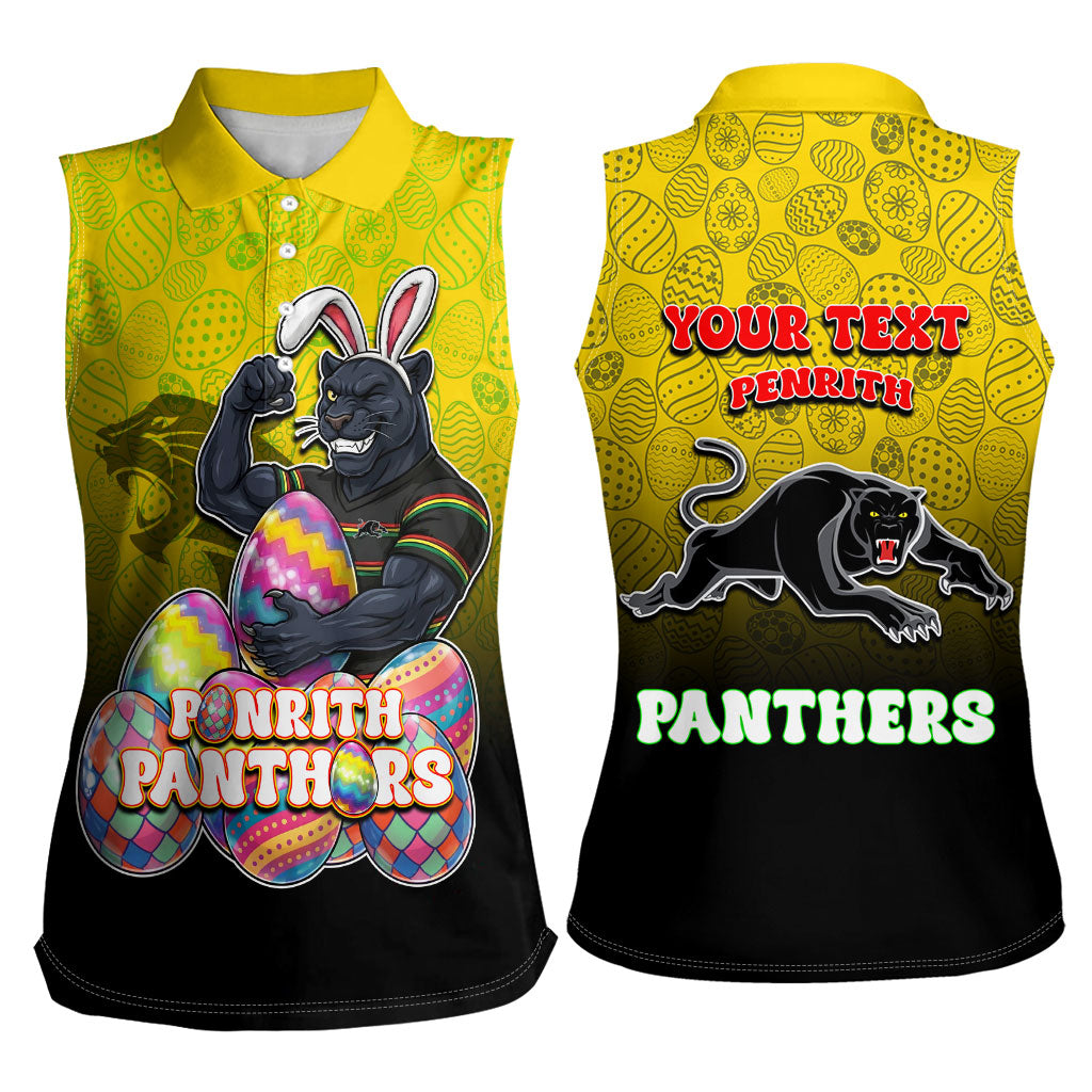 Personalized Penrith Panthers Women Sleeveless Polo Shirt Easter Mascot - Colorful Eggs Cartoon Style
