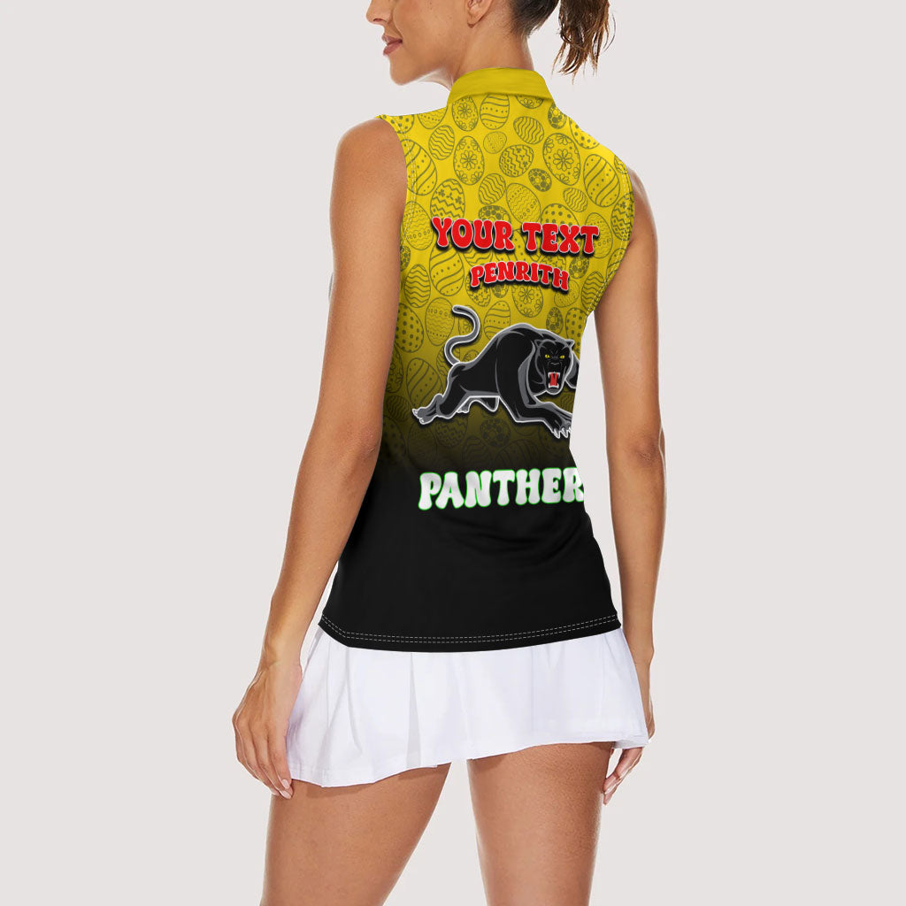 Personalized Penrith Panthers Women Sleeveless Polo Shirt Easter Mascot - Colorful Eggs Cartoon Style