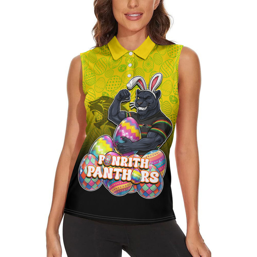 Personalized Penrith Panthers Women Sleeveless Polo Shirt Easter Mascot - Colorful Eggs Cartoon Style